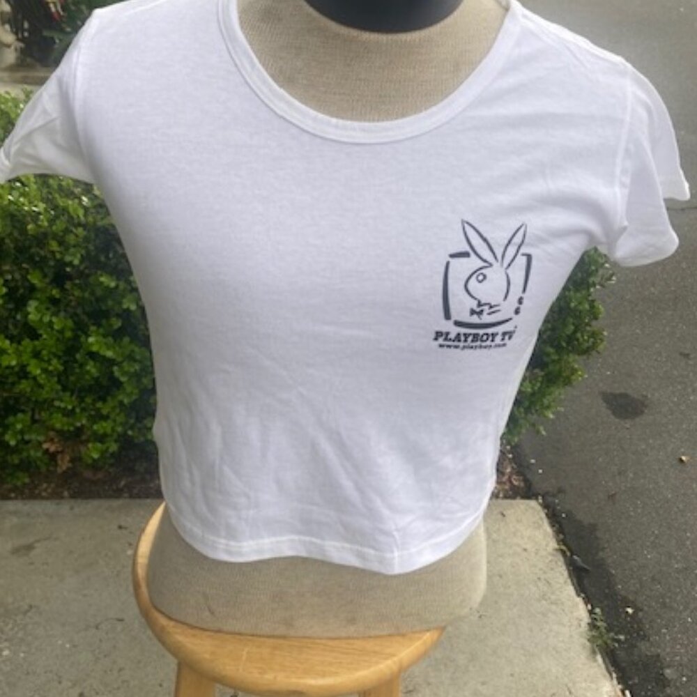 Ladies White T-shirt with Playboy TV Logo on Left chest area, NEW